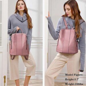 S-ZONE Leather Backpack for Women Antitheft Rucksack Shoulder Bag Medium PINK